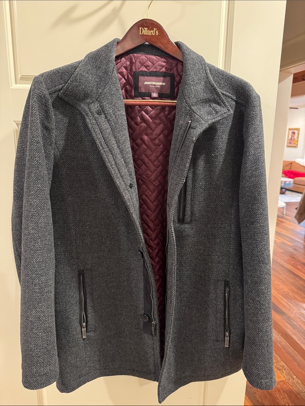 Johnston & Murphy Charcoal Gray Coat with Quilted Burgundy Lining